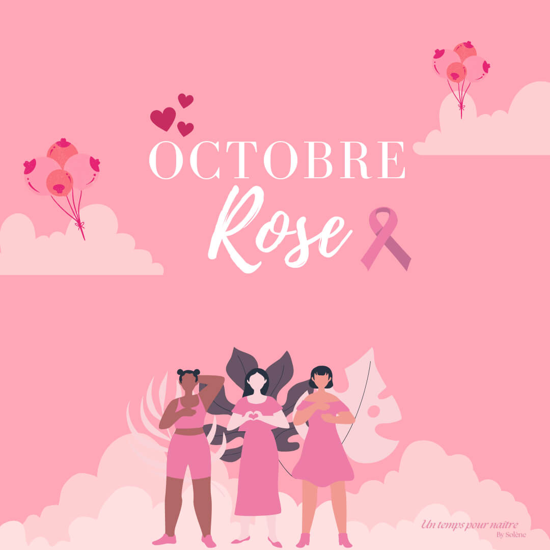 Femme portant un ruban rose, symbole de lutte contre le cancer du sein, entourée de ballons roses et de slogans de sensibilisation, dans le cadre de la campagne Octobre Rose